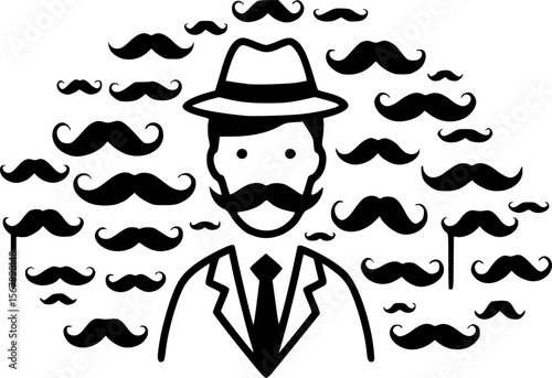 Detective with Mustache and Hat Surrounded by Many Mustaches
