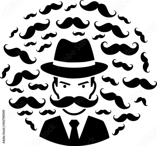 Detective with Mustache and Hat Surrounded by Many Mustaches
