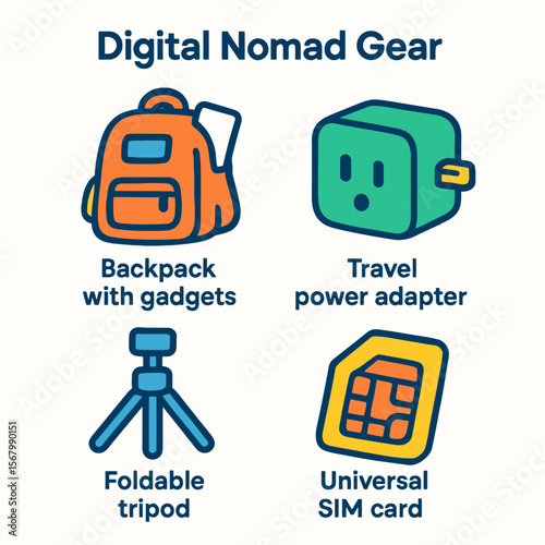 Illustration showcasing essential digital nomad gear: backpack, travel adapter, tripod, and SIM card.