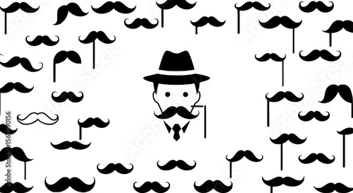 Detective with Mustache and Hat Surrounded by Many Mustaches
