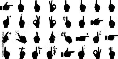 Black Silhouette Hand Gestures: Pointing, OK, and Various Hand Signs

