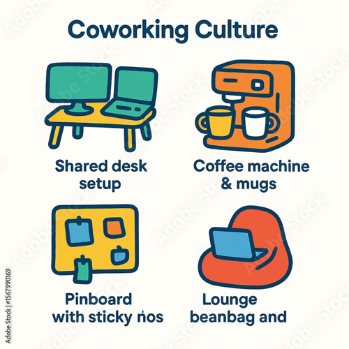 Coworking space essentials illustrated, including a shared desk, coffee machine, pinboard, and beanbag chair.