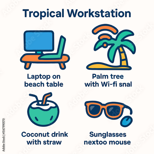 Tropical themed workstation icons depicting laptop, palm tree, coconut drink, and sunglasses.
