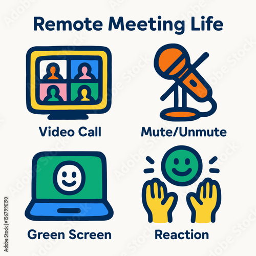 A graphic representation of remote meeting elements, including video call, mute/unmute, green screen, and reaction features.