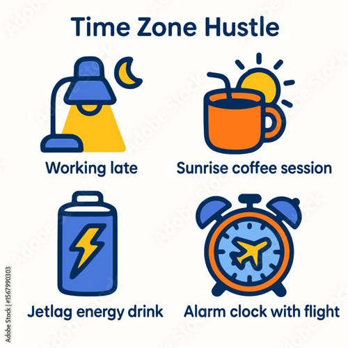 Illustrative icons depict the challenges and routines of a time zone-hopping lifestyle, including late-night work, early morning coffee, jet lag, and travel.
