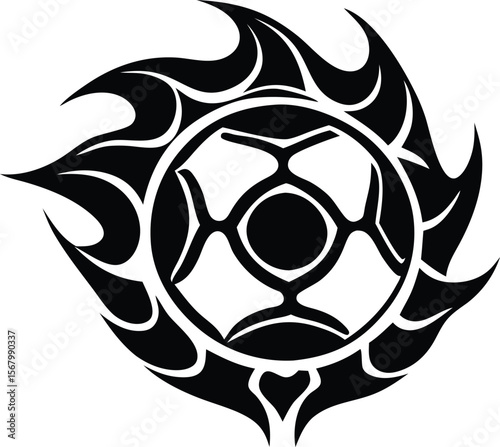 Intricate black tribal sun symbol with fiery edges and central geometric design