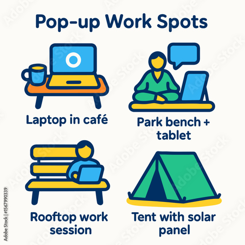Alternative work locations: laptop in cafe, park bench, rooftop, and tent with solar panel.