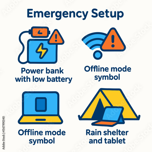 Illustrations depicting essential items and symbols for emergency situations, including power and connectivity.