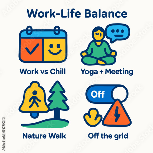 Visual representation of work-life balance, showcasing work, relaxation, and outdoor activities.