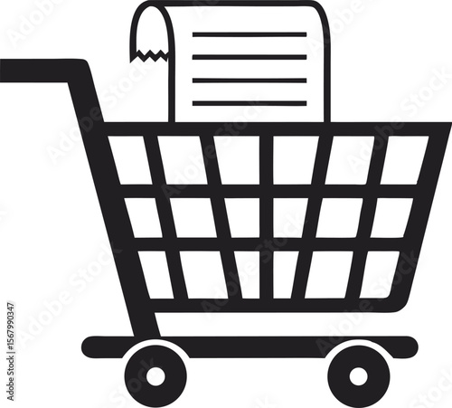 Shopping cart overflowing with a receipt, a sign of spending silhouette black vector illustration