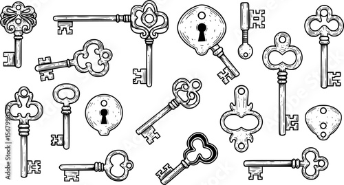 Vintage Keys Vector Illustration, Black and White, Antique Design
