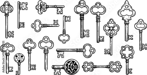 Vintage Keys Vector Illustration, Black and White, Antique Design
