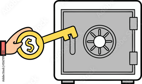 Hand with key unlocks the safe deposit box with money silhouette black vector illustration