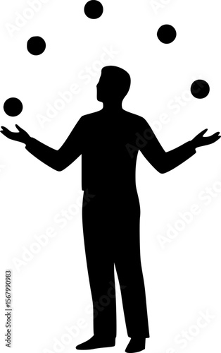Juggler Silhouette Vector: Circus Performer Juggling Balls, Black and White Illustration, Entertainment, Skill, Showmanship, Art, Graphic Design
