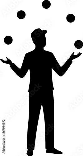 Juggler Silhouette Vector: Circus Performer Juggling Balls, Black and White Illustration, Entertainment, Skill, Showmanship, Art, Graphic Design

