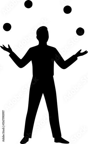 Juggler Silhouette Vector: Circus Performer Juggling Balls, Black and White Illustration, Entertainment, Skill, Showmanship, Art, Graphic Design
