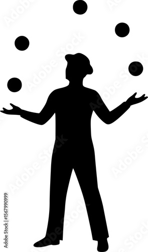 Juggler Silhouette Vector: Circus Performer Juggling Balls, Black and White Illustration, Entertainment, Skill, Showmanship, Art, Graphic Design
