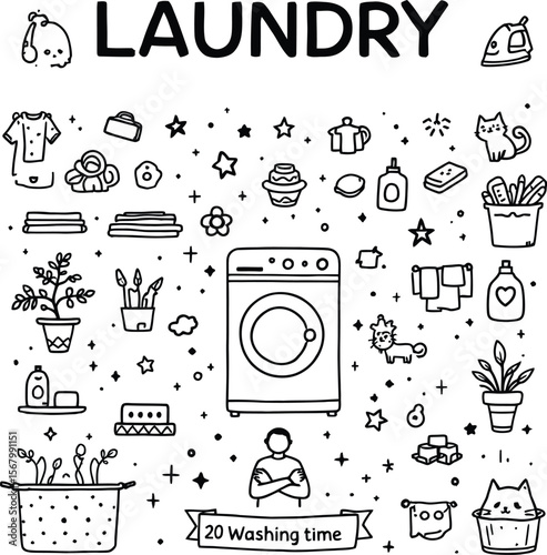Laundry doodle vector art with washing machine and plants for cleaning and washing service 100