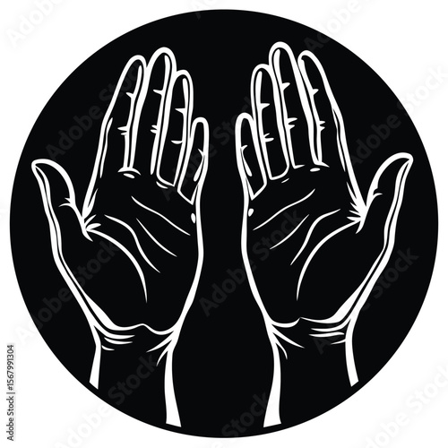 White hands raised in prayer against black circle vector