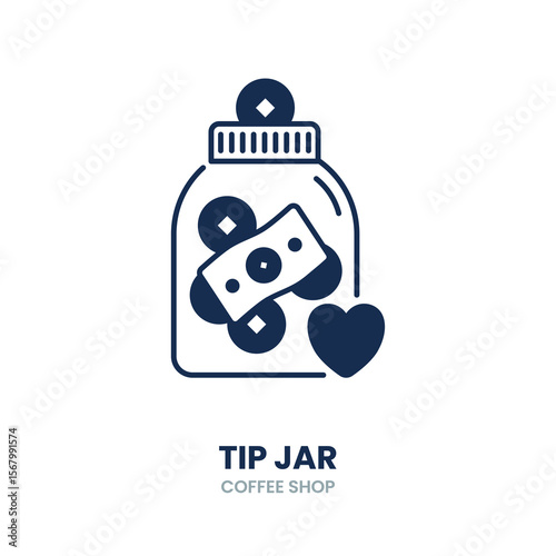 Tip jar icon. jar, money, cash, donation, gratitude, coins, cafe, thankyou. Vector Icon Illustration