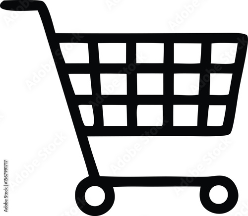 Simple black outline drawing of a shopping cart with a handle basket and wheels on a white background representing commerce