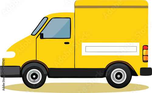 A bright yellow cartoon delivery van with a large cargo box and tinted windows ready for transportation and logistics services