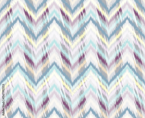 Seamless pattern with rough geometric lines in Ikat ethnic style. Abstract zig-zag ornament. Tribal traditional texture. Asian motif artistic embroidery