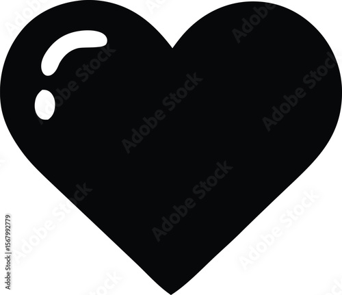 A simple glossy black heart icon with subtle highlights representing love affection and positive emotions perfect for various designs