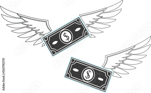 Money flying away with wings concept of losing money easily silhouette black vector illustration