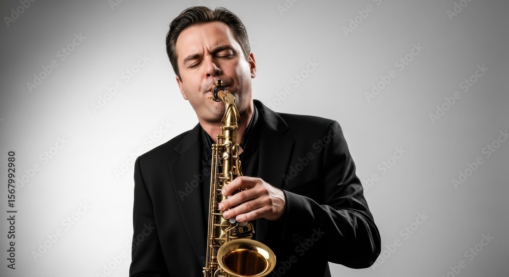 Fototapeta premium Caucasian male adult playing saxophone with passion