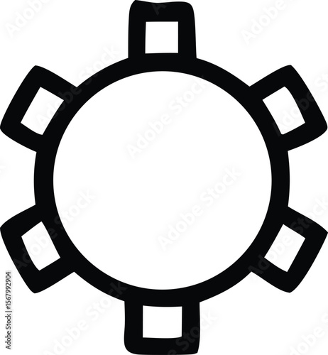 A stylized black and white graphic representation of a gear or cogwheel with six square shaped teeth radiating outwards from a central circular void