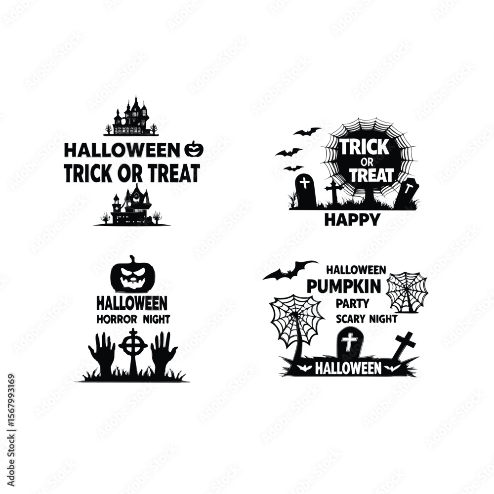 Obraz premium Halloween silhouette material set old castle and bats pumpkin and cat Premium Vector