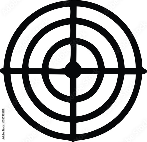 A stark black and white graphic representation of a target or aiming reticle with concentric circles and crosshairs