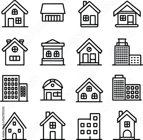 Collection of simple black and white line art icons representing diverse residential and commercial buildings