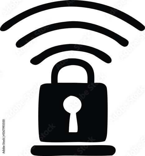 A black stylized padlock icon with three radiating wi fi signal waves emanating from the top symbolizing wireless security and connectivity