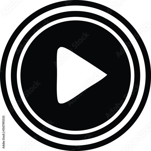 A striking black and white minimalist icon featuring a prominent white play button triangle within concentric black and white circles