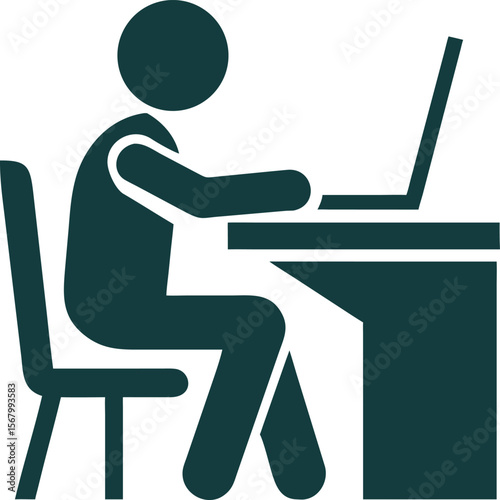 Person sitting at desk using laptop computer vector