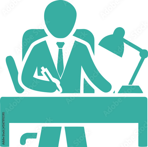 Person sitting at desk writing with desk lamp vector