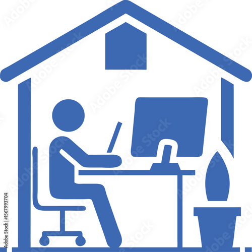Person working at desk inside house with plant computer chair
