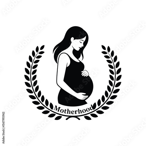 Motherhood Laurel: A stylized vector illustration of a pregnant woman, encircled by a laurel wreath, symbolizes the beauty and reverence of motherhood.