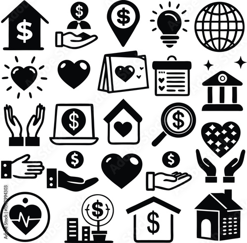 Collection of diverse financial and charitable icons representing money hearts hands houses and global concepts for business and donation purposes