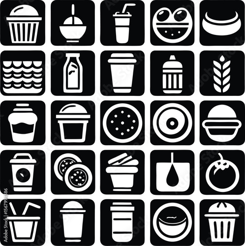 A grid of black and white icons representing various food and drink items commonly found in a cafe or restaurant setting