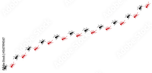 Silhouettes of ants marching in neat lines, showcasing teamwork and organization, Ant Trail Illustration - Black Line Ants Design