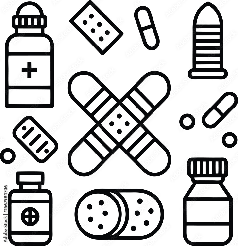 A collection of simple black and white line art icons representing various medical supplies and medications for health and wellness