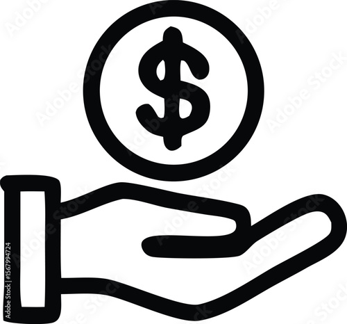 Simple black and white icon depicting an open hand holding a coin with a dollar sign symbolizing financial transactions and wealth