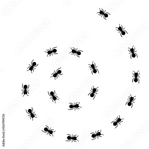 Silhouettes of ants marching in neat lines, showcasing teamwork and organization, Ant Trail Illustration - Black Line Ants Design