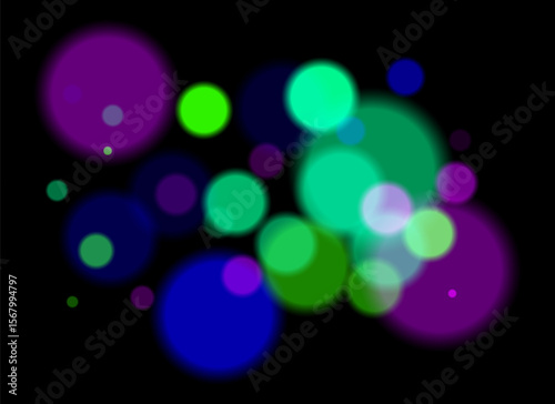 Colorful blurred circles on dark background with smooth soft edges. Overlapping glowing bokeh creates dreamy abstract depth and festive atmosphere without clear focal point.