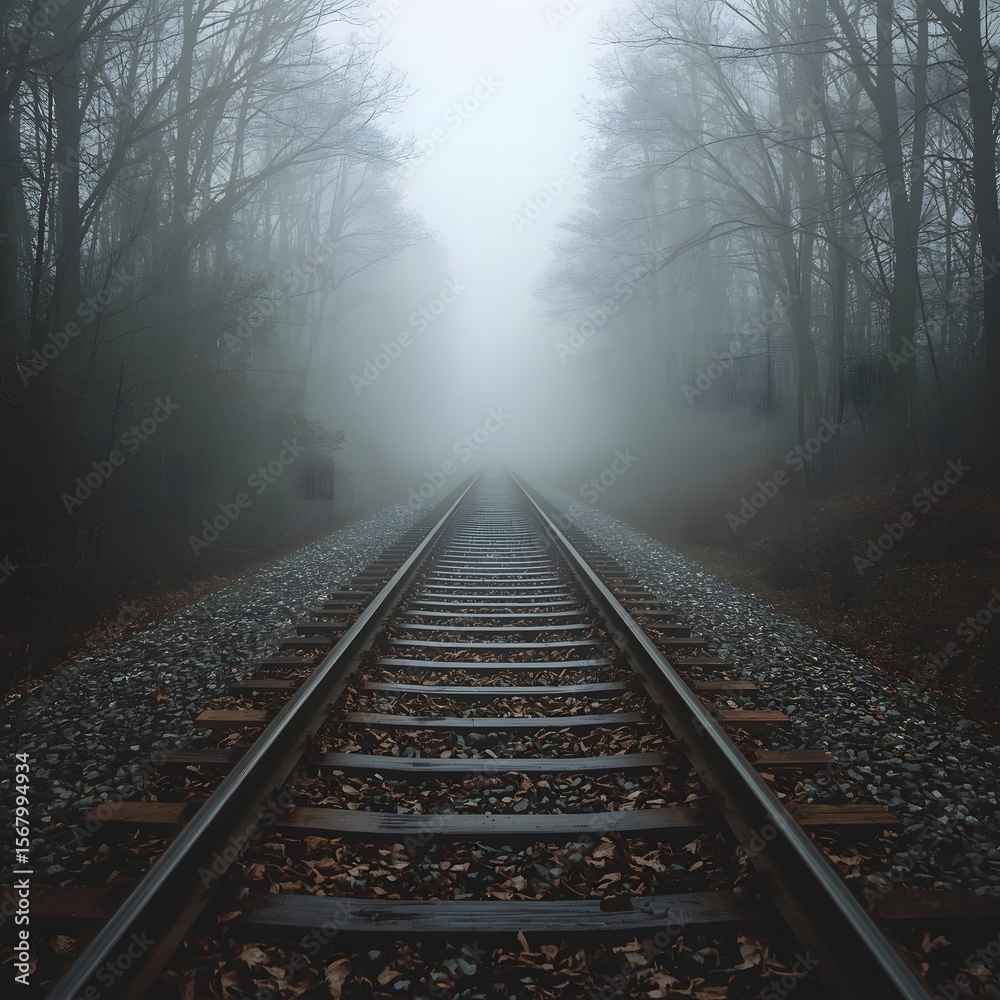 Fototapeta premium Old railway tracks vanish into dense morning fog through a forest, evoking solitude, mystery, and timeless journey beneath glistening steel and damp leaves in a hauntingly quiet atmosphere.