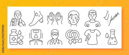 Hyperhidrosis set icon. Linear illustrations of sweat symptoms on feet, hands, face, armpits, wet clothes, treatment bottles, injections, pills, doctor, gender, scale, and test tubes