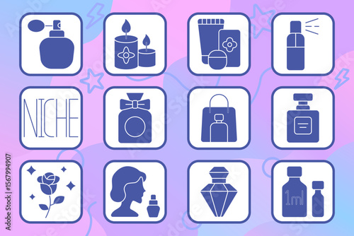 Perfumery set icon. Atomizer, candles, cosmetic line, mist, niche label, gift perfume, shopping bag, bottle design, rose, woman with perfume, luxury bottle, 1ml vial.